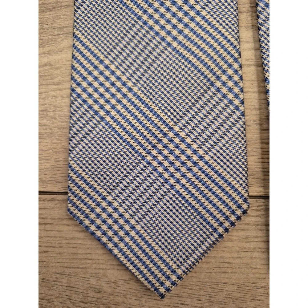 Polo Ralph Lauren Mens Blue White Glen Plaid Silk Necktie Hand Made in‎ Italy